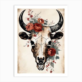 Vintage Boho Bull Skull Flowers Painting (6) Art Print