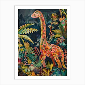 Colourful Dinosaur In The Leaves Painting 2 Art Print