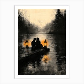 Couple On The Dock, Monochrome, Charcoal Art Art Print