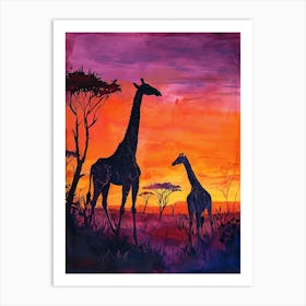 Two Giraffes At Sunset Purple 4 Art Print