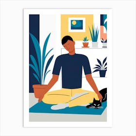 Meditating Man With Cat Art Print