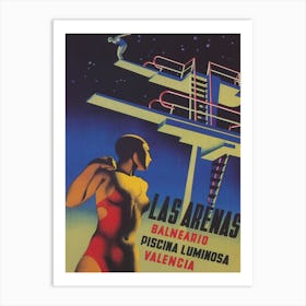 Divers At Pool at Night in Spain Vintage Poster Art Print