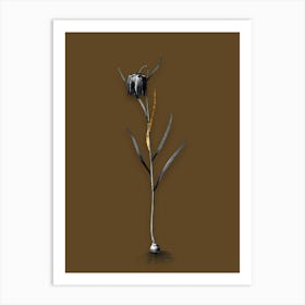 Vintage Chess Flower Black and White Gold Leaf Floral Art on Coffee Brown n.0630 Art Print