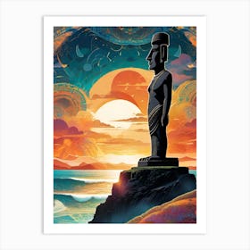 Easter Island - Imagined Visionary Psychedelic Mandala Fractals Fantasy Artwork Sun Moon Statue Yoga Spiritual Awakening Meditation Wall Room Decor South Eastern Pacific Sunset Art Print