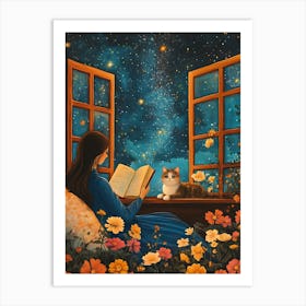 Girl Reading Book with Her Cat 12 Art Print