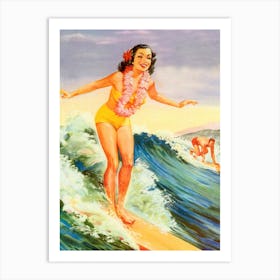 Hawaii, Pinup Girl Surfing On A Big Wave Art Print