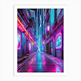 Cyberpunk Alley With Neon Signs And Holograms 1 Art Print