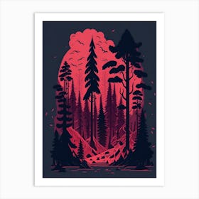 A Fantasy Forest At Night In Red Theme Art Print