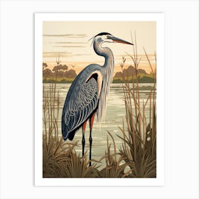 Vintage Bird Linocut Great Blue Heron 3 Art Print