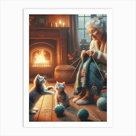 Grandma And Kittens Vintage Art Print