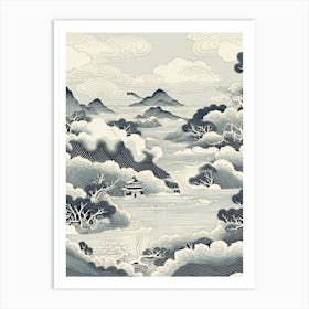 Aogashima Island In Tokyo, Ukiyo E Black And White Line Art Drawing 3 Art Print