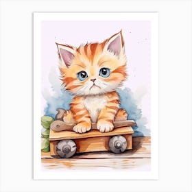 Kitten On Toy Car, Watercolour Nursery 0 Art Print