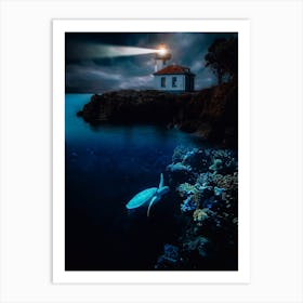 Turtle In The Corals And Lighthouse Art Print