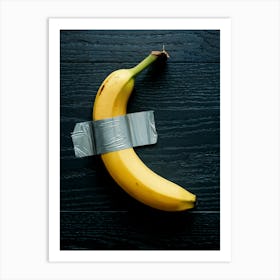 Duct Tape Banana, black background, Maurizio Cattelan Art Print