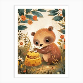 Sloth Bear Cub Playing With A Beehive Storybook Illustration 2 Art Print