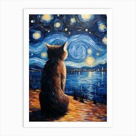 A Starry Night And Cat Print Fusion Print Art Print