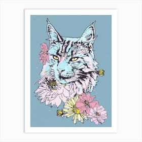 Cute Main Coon Cat With Flowers Illustration 4 Art Print