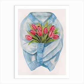 Watercolor illustration of a bouquet of tulips in a sweater Art Print