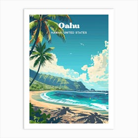 Oahu Hawaii Beach Digital Travel Illustration Art Print