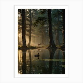 Stunning Panting of Majestic Deer Standing In The Serene Forest pond Art Print