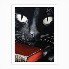 Black Cat With Red Book Art Print