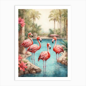 Flamingos By The Pool Art Print