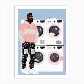 Illustration Of A Man Standing In Front Of Washing Machines Art Print