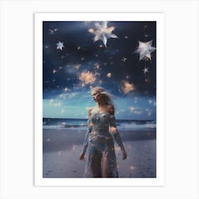 Woman on the beach surrounded by cosmic stardust 2 Art Print