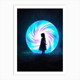 Silhouette Of A Child Mid Emergence From A Swirl Of Iridescent Colorful Ribbons Forming A Portal (1) Art Print