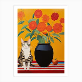 Gerbera Daisy Flower Vase And A Cat, A Painting In The Style Of Matisse 1 Art Print