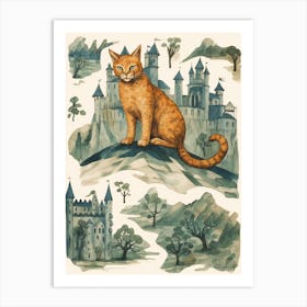 Spooky Medieval Castle On Hill With Ginger Cat Art Print
