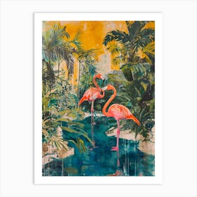 Retro Flamingoes In A Garden 5 Art Print