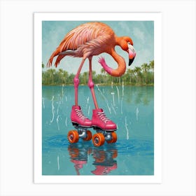 Flamingo Rollerblading Art Print