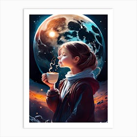 Girl Enjoying Coffee Under Planetary Glow Art Print