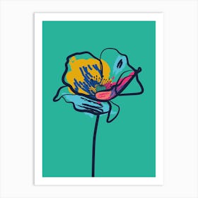 Poppy Flower Minimal Line Art Turquoise Art Print
