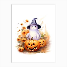 Cute Ghost With Pumpkins Halloween Watercolour 77 Art Print