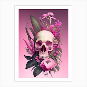 Skull With Surrealistic Elements 2 Pink Botanical Art Print