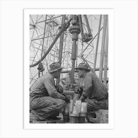 Untitled Photo, Possibly Related To Oil Drillers Talking With Bits In Front Of Them And Drilling Equipment In Background Art Print