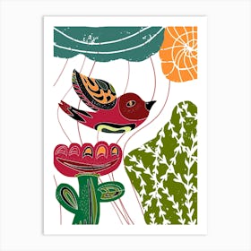 stylized bird and flower folk art motifs Art Print