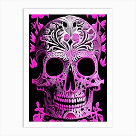 Skull With Psychedelic Patterns Pink Linocut Art Print