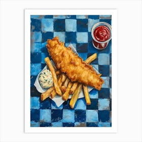 British Fish & Chips Blue Checkerboard  Art Print
