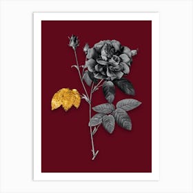 Vintage French Rose Black and White Gold Leaf Floral Art on Burgundy Red Art Print