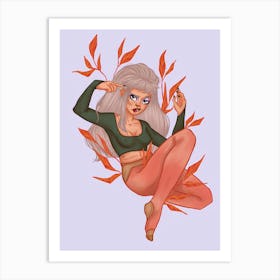 White Hair Girl Leaves Art Print