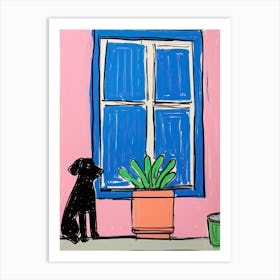 Black Dog Looking Out The Window Art Print
