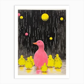 Duck Family In The Rain Linocut Inspired 2 Art Print
