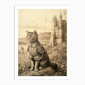 Cat In Armour Outside A Medieval Castle Sepia Art Print