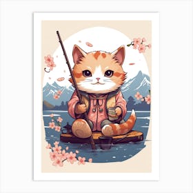 Kawaii Cat Drawings Fishing 3 Art Print