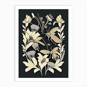 Forager Bees Black William Morris Style Art Print