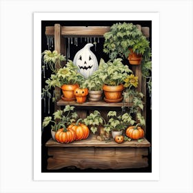 Cute Bedsheet Ghost, Botanical Halloween Watercolour 152 Art Print