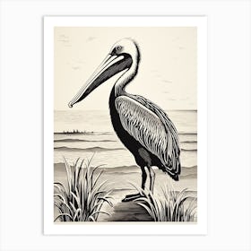 B&W Bird Linocut Brown Pelican Art Print